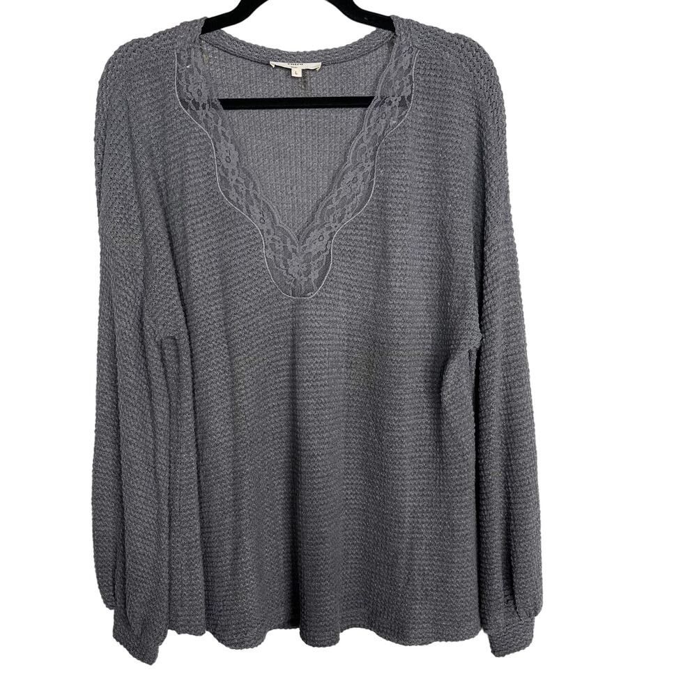 New Entro Large L Heather Gray Waffle Thermal Lace Trim V Neck Top Cuff Sleeve